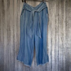 Billy T Chambray Soft Wide-Leg Crop Pants with Tie Waist  | Size Medium